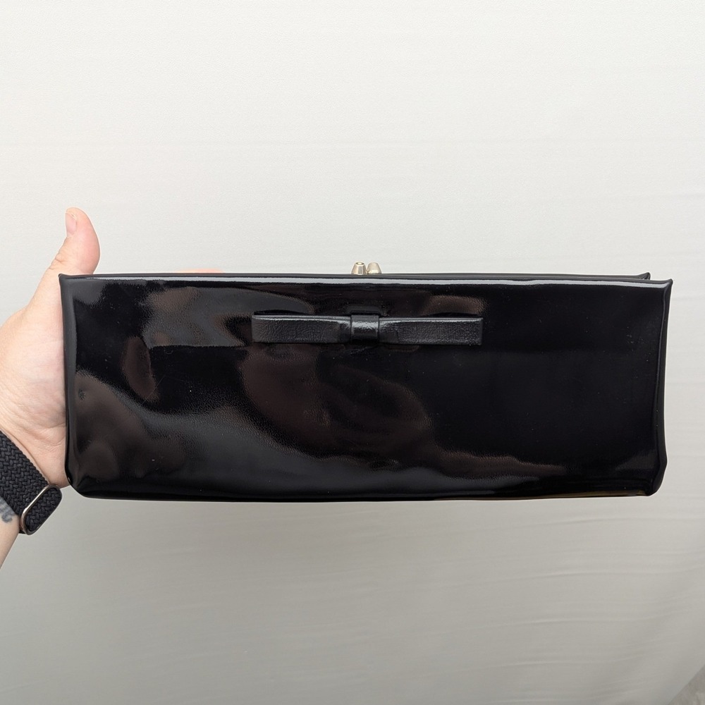 Vintage Clutch Bag Black Patent Leather Bow Detail Evening Handbag Rockabilly